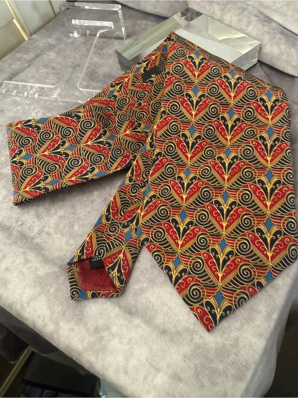 Dior Mens Vibrant‎ Silk Red, Blue and Gold Ornate Silk Tie